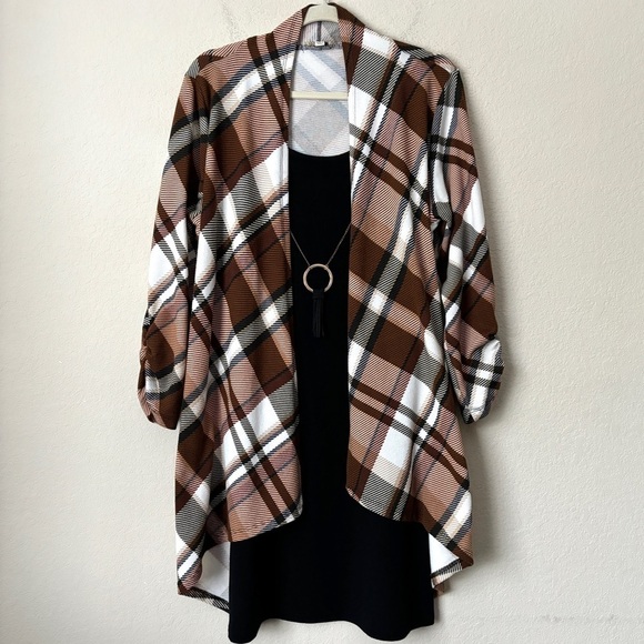 Boho Plaid Print Two-in-One Cardigan Mini Dress with Necklace - Picture 1 of 11